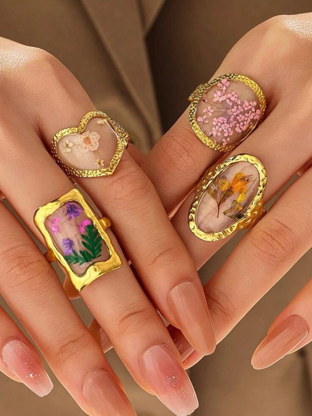 Adjustable Gold Pressed Flower Rings set of 4|Vintage Botanical Statement Jewery